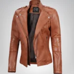 Women’s genuine tan leather asymmetrical biker jacket