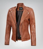 Women’s genuine tan leather asymmetrical biker jacket
