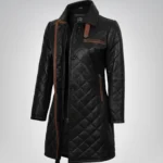 Glen women’s black quilted leather car coat with brown highlights