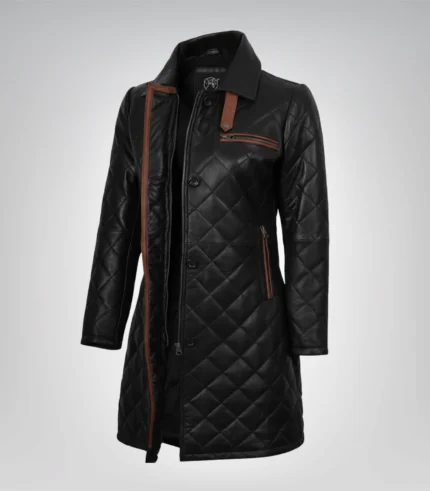 Glen women’s black quilted leather car coat with brown highlights