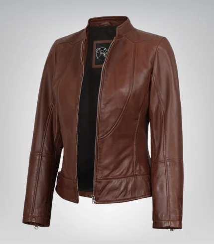 Women’s cognac-toned genuine leather biker jacket