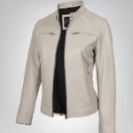 Women’s genuine leather biker jacket in off-white