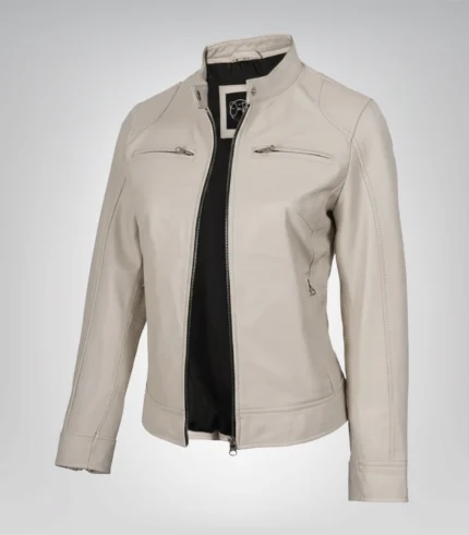 Women’s genuine leather biker jacket in off-white
