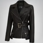 Women’s black genuine leather longline biker jacket with belted waist