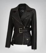 Women’s black genuine leather longline biker jacket with belted waist