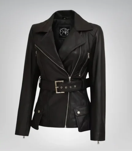 Women’s black genuine leather longline biker jacket with belted waist