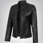 Women’s timeless black leather motorcycle jacket