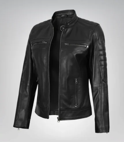 Women’s timeless black leather motorcycle jacket