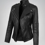 Women’s black lambskin leather motorcycle-style jacket
