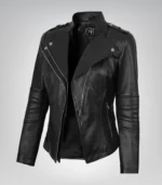 Women’s black lambskin leather motorcycle-style jacket