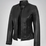 Women’s classic black leather biker jacket in timeless style
