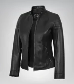 Women’s classic black leather biker jacket in timeless style