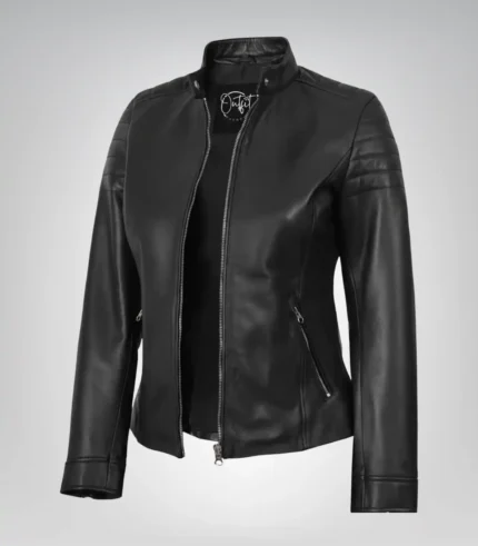 Women’s classic black leather biker jacket in timeless style