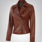 Women’s cognac genuine leather moto jacket