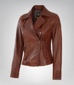Women’s cognac genuine leather moto jacket