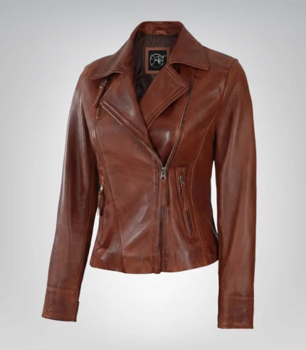 Women’s cognac genuine leather moto jacket