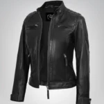Women’s black leather motorcycle-style jacket with quilted detailing