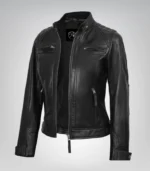 Women’s black leather motorcycle-style jacket with quilted detailing