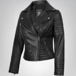Women’s genuine black leather asymmetrical biker-style jacket