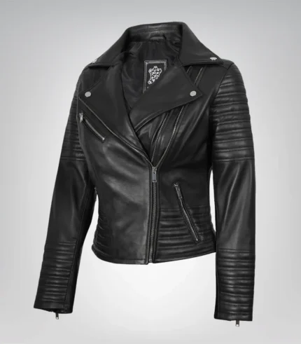 Women’s genuine black leather asymmetrical biker-style jacket