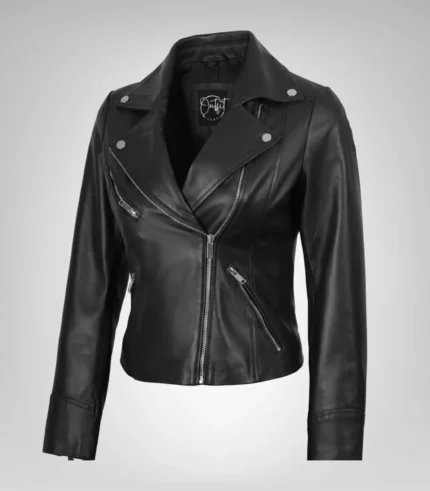 Rita Women’s Asymmetrical Real Leather Biker Jacket – Premium Slim Fit Design