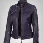 Women’s purple leather motorcycle-style jacket with quilted shoulders