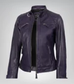 Women’s purple leather motorcycle-style jacket with quilted shoulders
