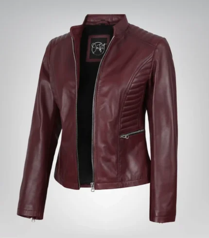 Women’s burgundy leather motorcycle-style jacket