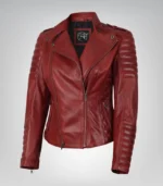 Women’s red premium leather biker jacket with asymmetrical design