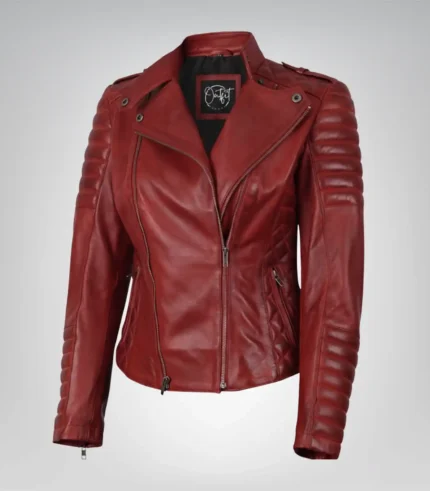 Women’s red premium leather biker jacket with asymmetrical design