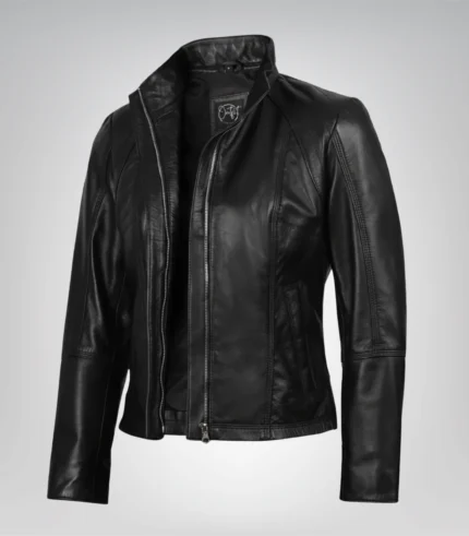 Acerra women’s slim-fit black motorcycle-style leather jacket