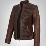 Women’s genuine cognac leather biker jacket with textured finish
