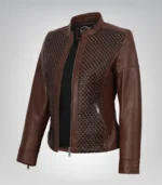 Women’s genuine cognac leather biker jacket with textured finish
