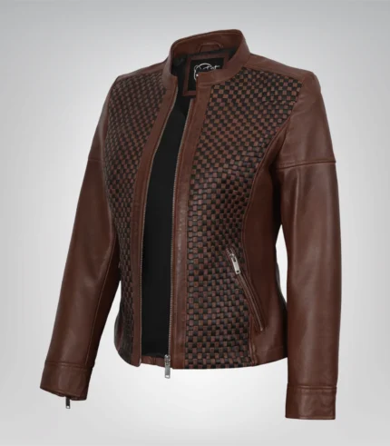 Women’s genuine cognac leather biker jacket with textured finish