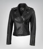 Women’s genuine black leather jacket in asymmetrical biker design