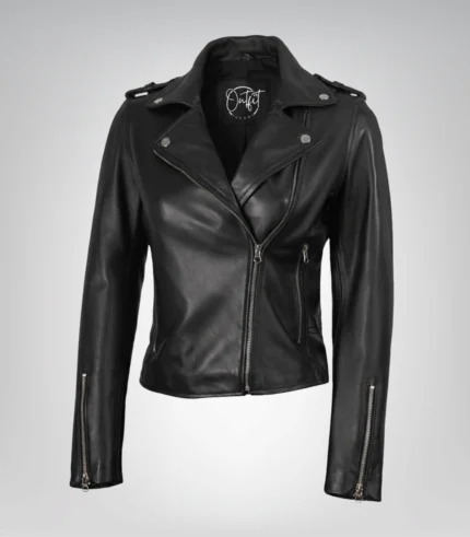 Women’s genuine black leather jacket in asymmetrical biker design