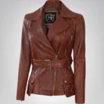 Women’s cognac waxed leather biker jacket with belted waist and four pockets