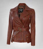 Women’s cognac waxed leather biker jacket with belted waist and four pockets