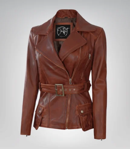 Women’s cognac waxed leather biker jacket with belted waist and four pockets