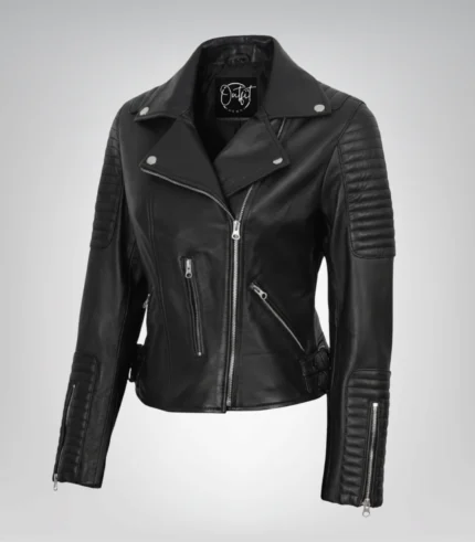 Women’s genuine black leather biker jacket
