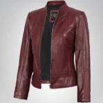 Women’s genuine burgundy leather jacket with slim fit