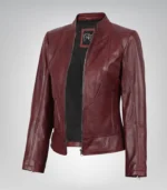 Women’s genuine burgundy leather jacket with slim fit