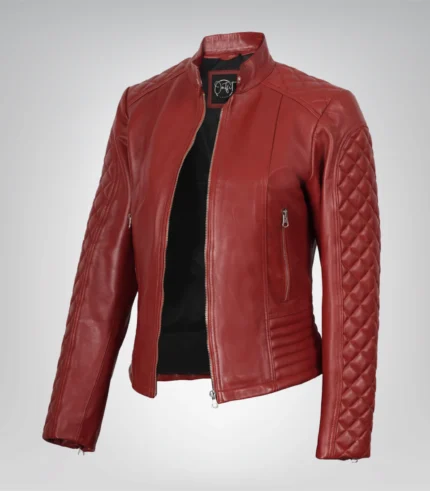 Women’s genuine red leather biker jacket with quilted design