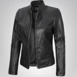 Céleste women’s black bomber leather jacket with detachable hood