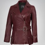 Asymmetrical maroon leather biker jacket for women with belted detail