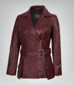 Asymmetrical maroon leather biker jacket for women with belted detail