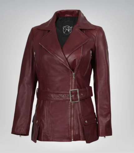 Asymmetrical maroon leather biker jacket for women with belted detail