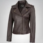 Dark brown women’s leather biker jacket with asymmetrical closure