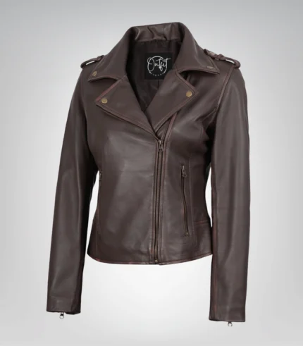 Dark brown women’s leather biker jacket with asymmetrical closure
