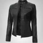Slim-fit black leather biker jacket for women